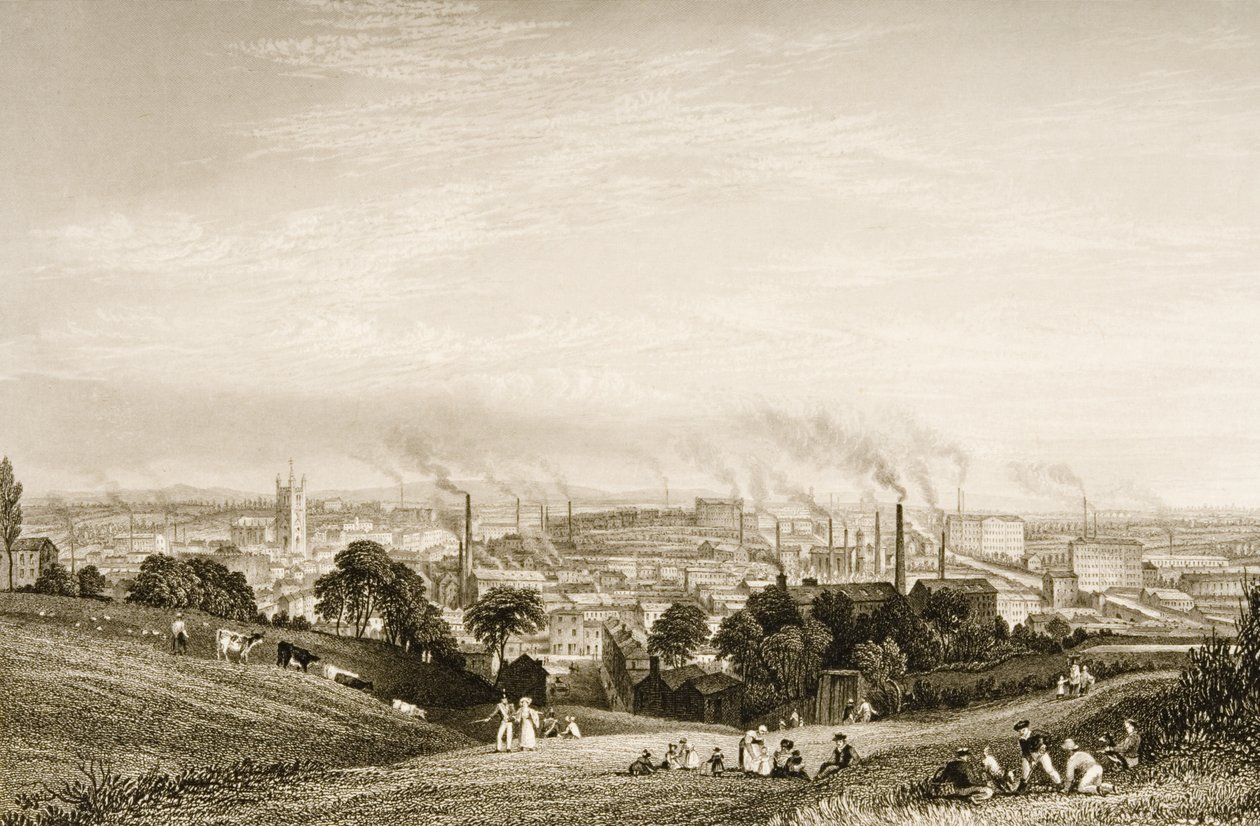 Vue générale de Stockport, Lancashire montrant des filatures de coton, publié par J.C. Varrall (fl.1815-27) années 1830 - George Pickering