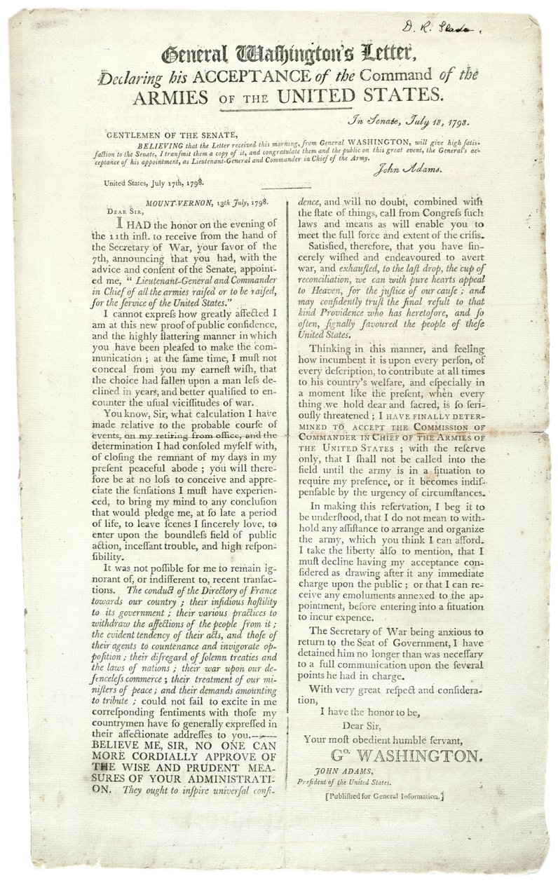 Lettre du général Washington déclarant son acceptation du commandement, 18 juillet 1798 - George Washington