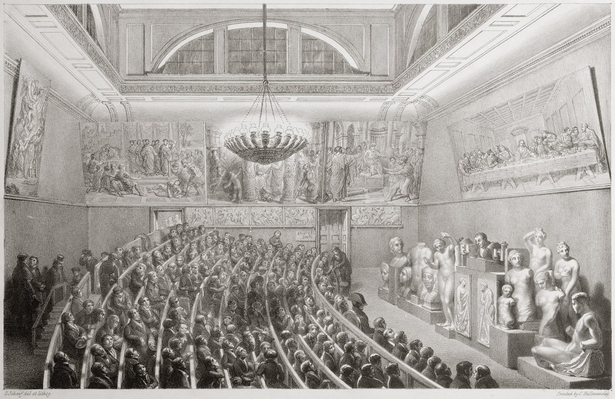 Sir Richard Westmacott (1775-1856) donnant une conférence sur la sculpture à la Royal Academy of Arts, Somerset House en 1830 - George the Elder Scharf