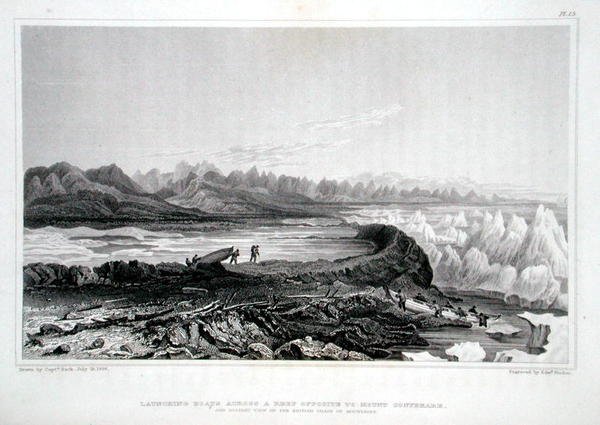 Lancement de bateaux à travers un récif en face du mont Conybeare, de 