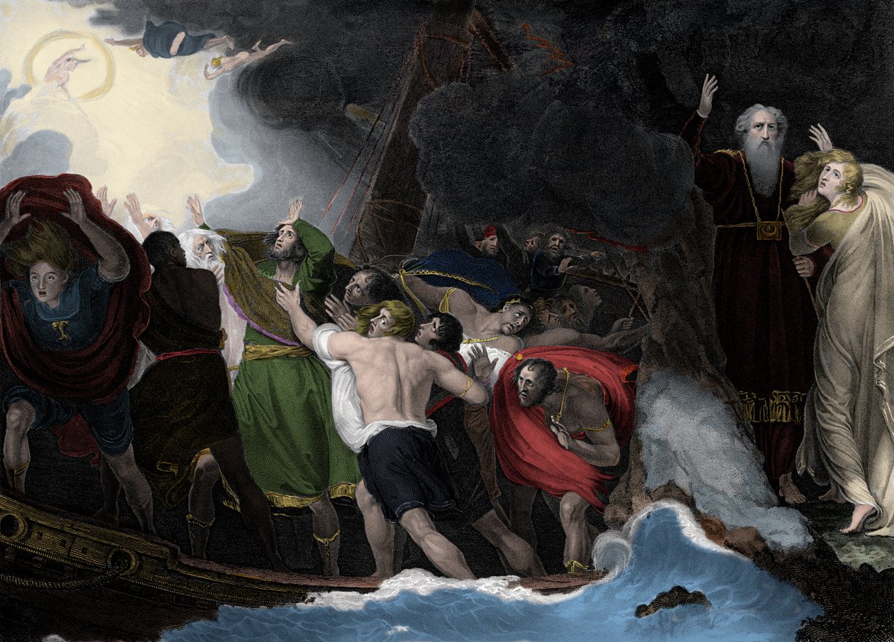 Prospero et Miranda, à droite, debout sur l