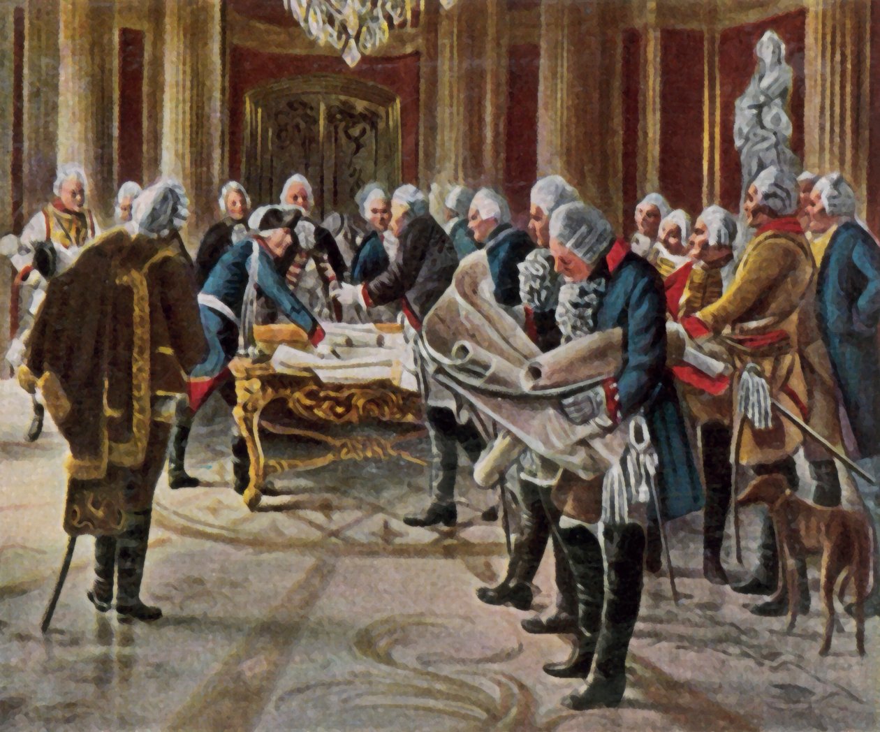 Frédéric le Grand tient un conseil de guerre avec ses généraux, août 1756 (lithographie couleur agrandie) - George (after) Schobel