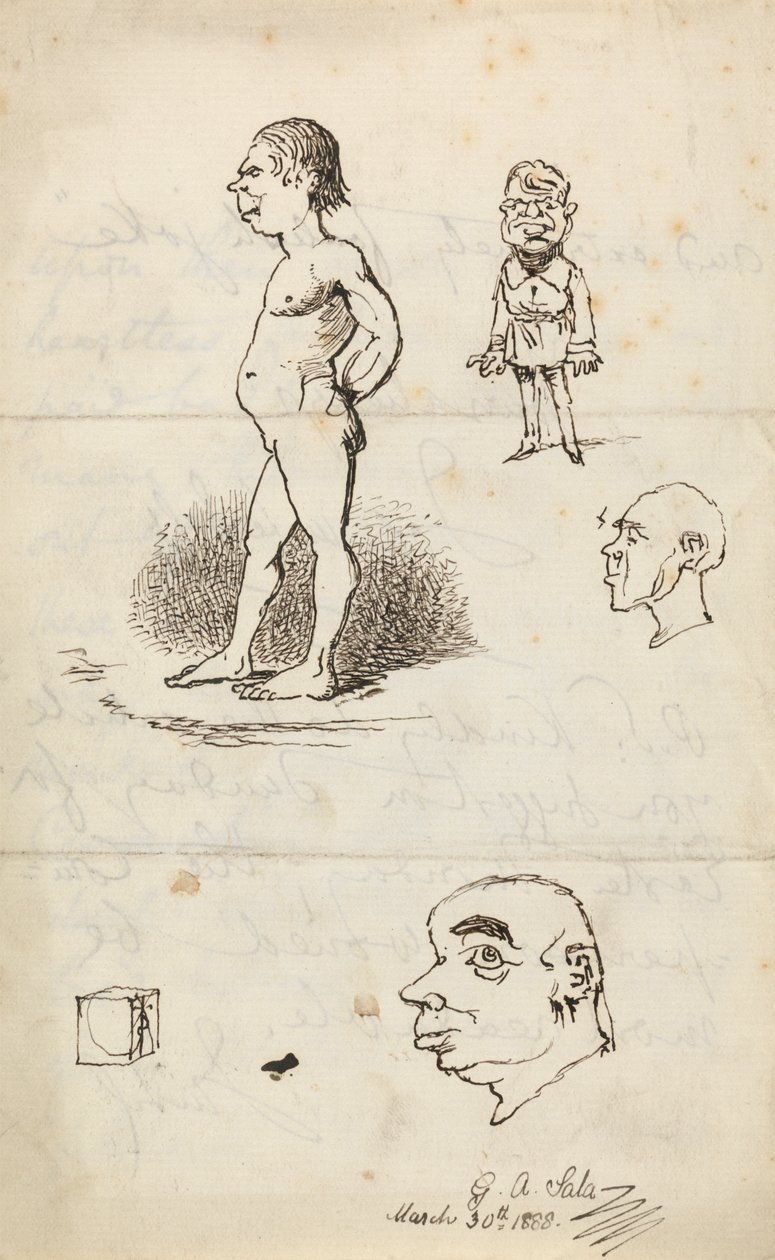 Esquisses : Homme nu, homme debout, deux profils et boîte - George Augustus Sala