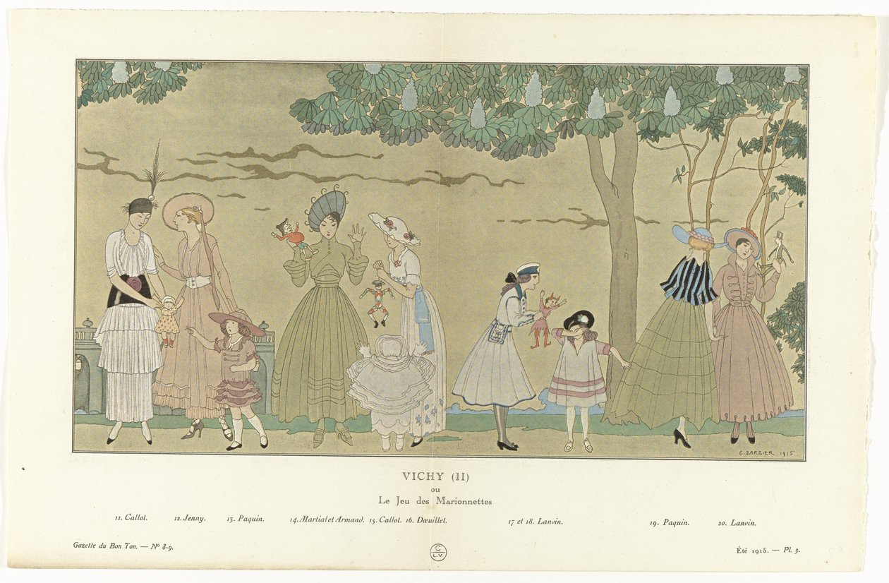 Gazette du Bon Ton, Été 1915 - No. 8-9, Pl. 3: Vichy (II) / ou / Le Jeu des Marionnettes - George Barbier