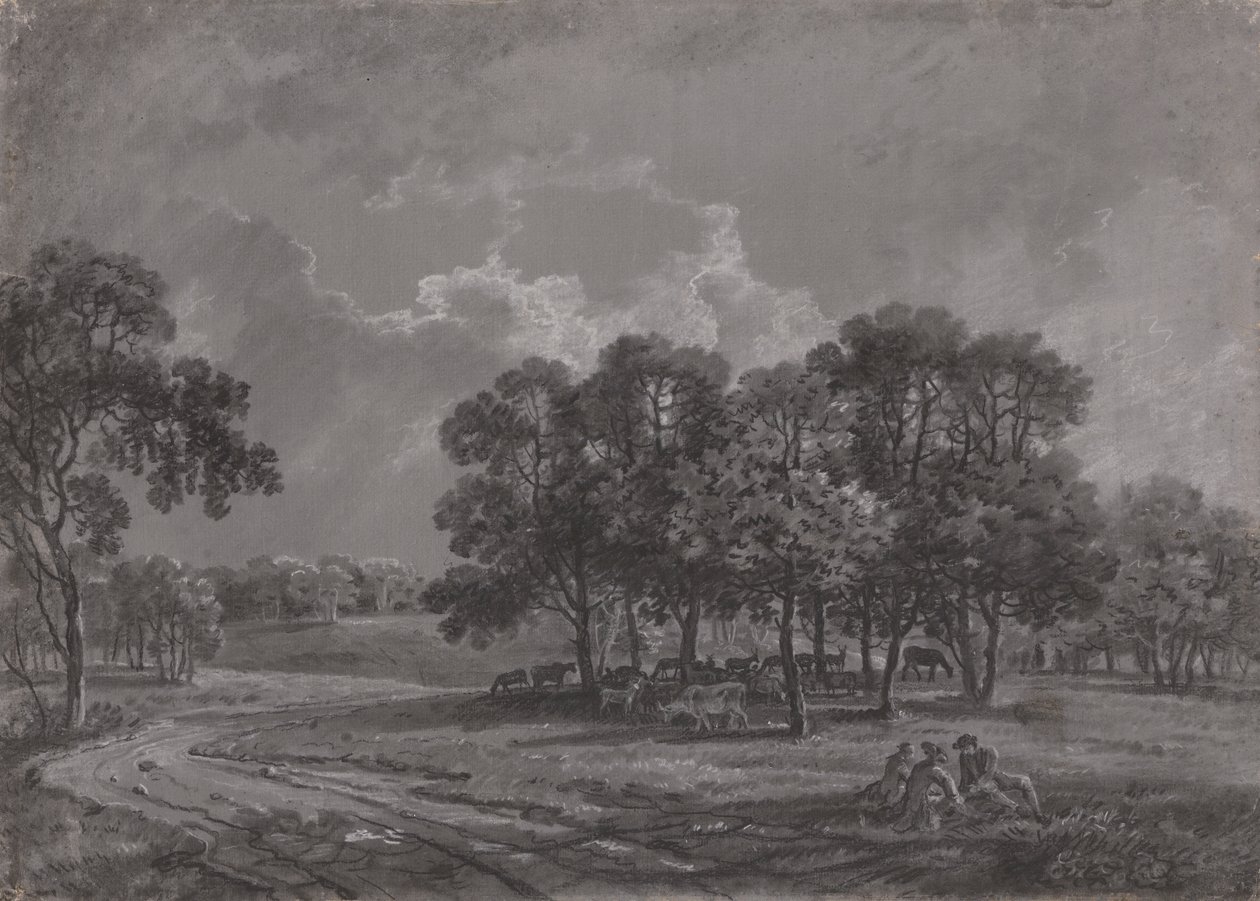 Scène de parc avec cerfs, bovins et un groupe de personnages - George Barret