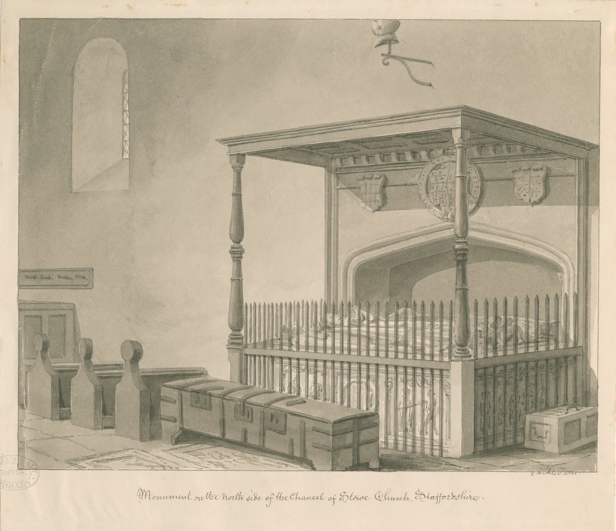 Stowe Church - Tombeau de table: dessin sépia - George Buckler