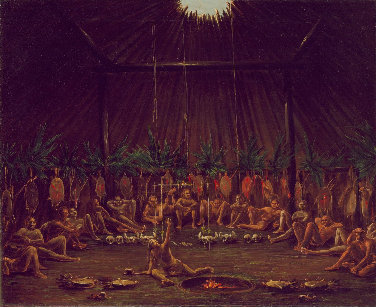 Vue intérieure du Medicine Lodge, cérémonie de Mandan O-kee-pa - George Catlin