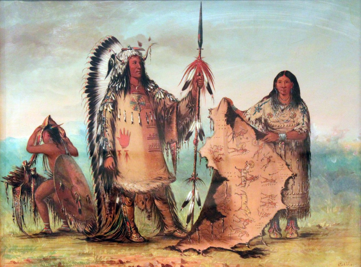 Mandan : Mato-Tope avec sa femme et son fils. La robe de bison, tenue par sa femme, témoigne de ses actes de guerre héroïques. - George Catlin