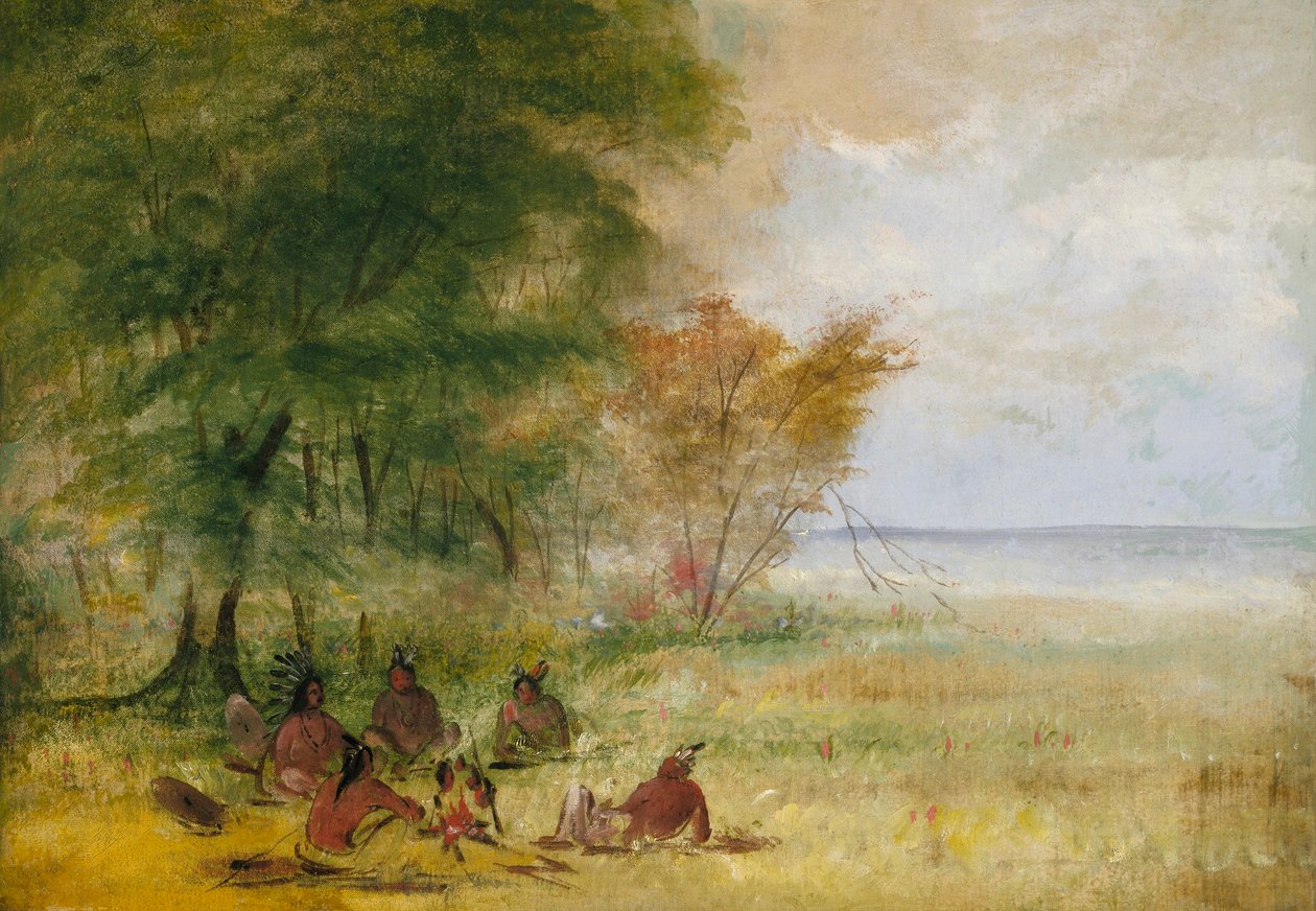 Conseil indien sioux, chefs en profonde délibération - George Catlin