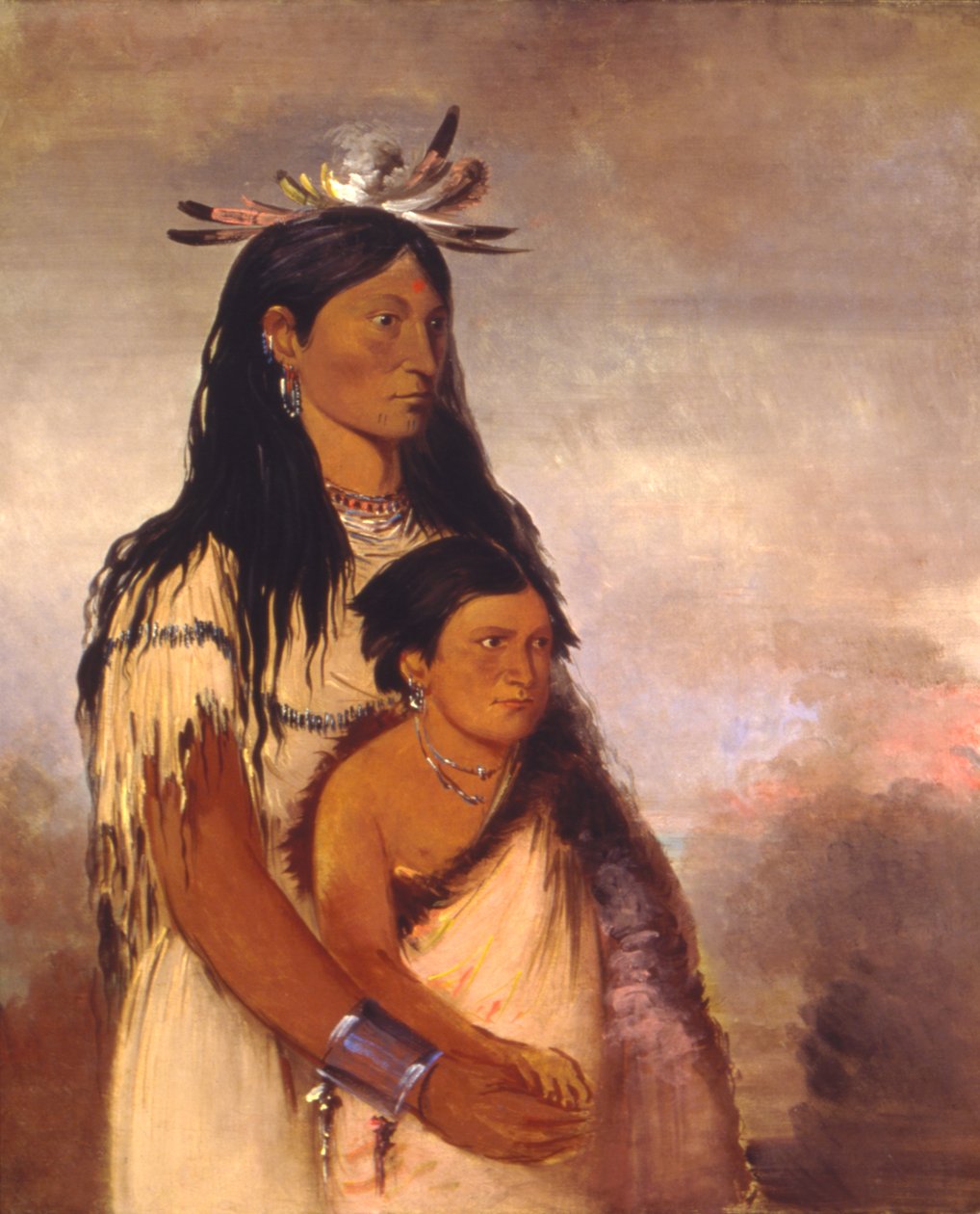 Túnk-aht-óh-ye, le tonnerre, un garçon, et Wun-pán-to-mee, la belette blanche, une fille. - George Catlin