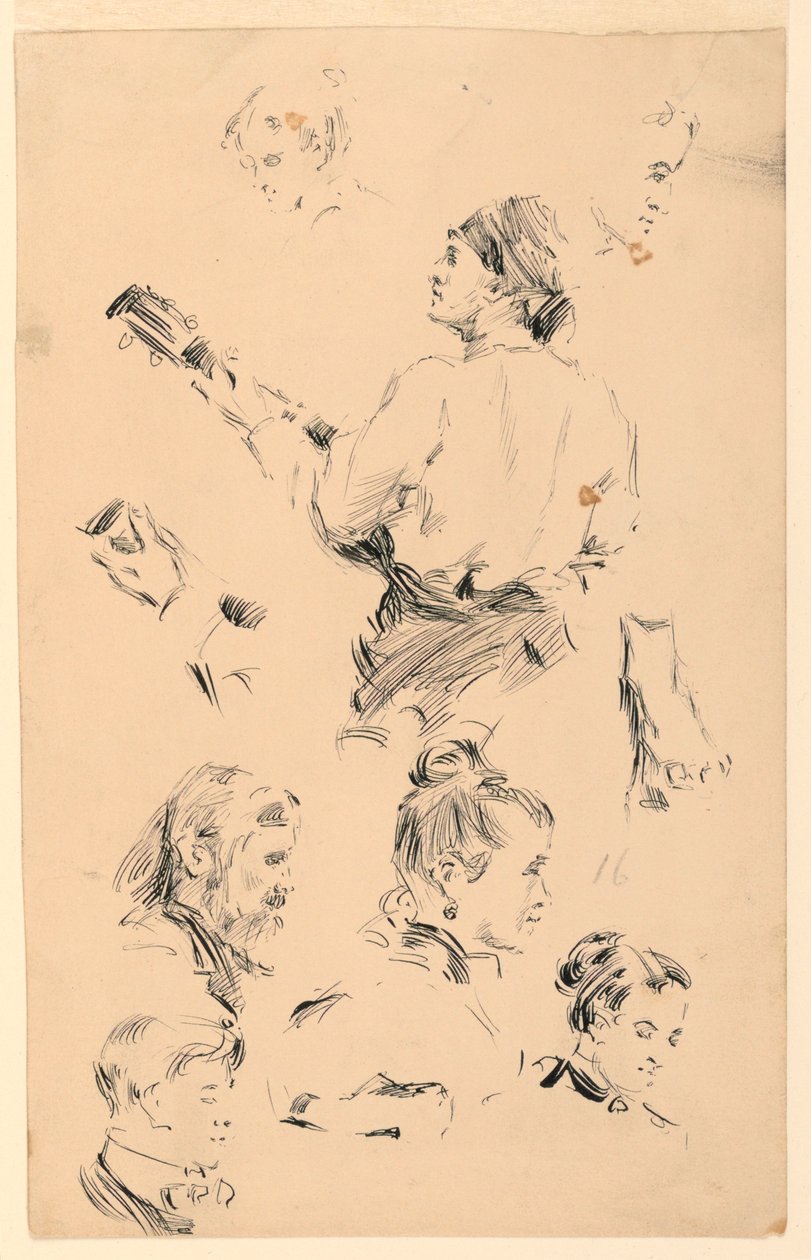 Esquisses de têtes, une main, un pied et un musicien - George Charles Aid