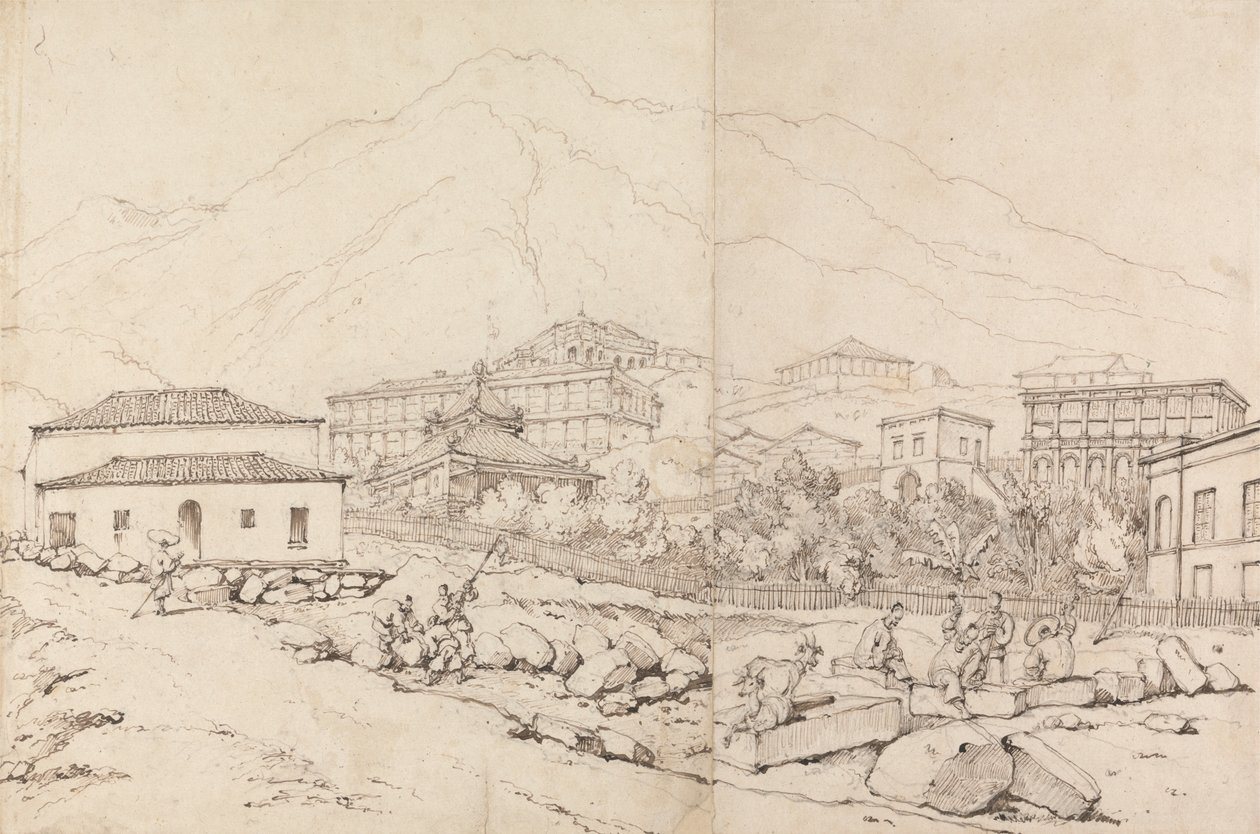 Bâtiment sur une colline dans un village montagneux (Chine ?) - George Chinnery