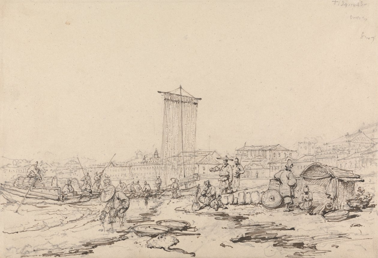 Scène côtière avec pêcheurs et bâtiments, Macao - George Chinnery