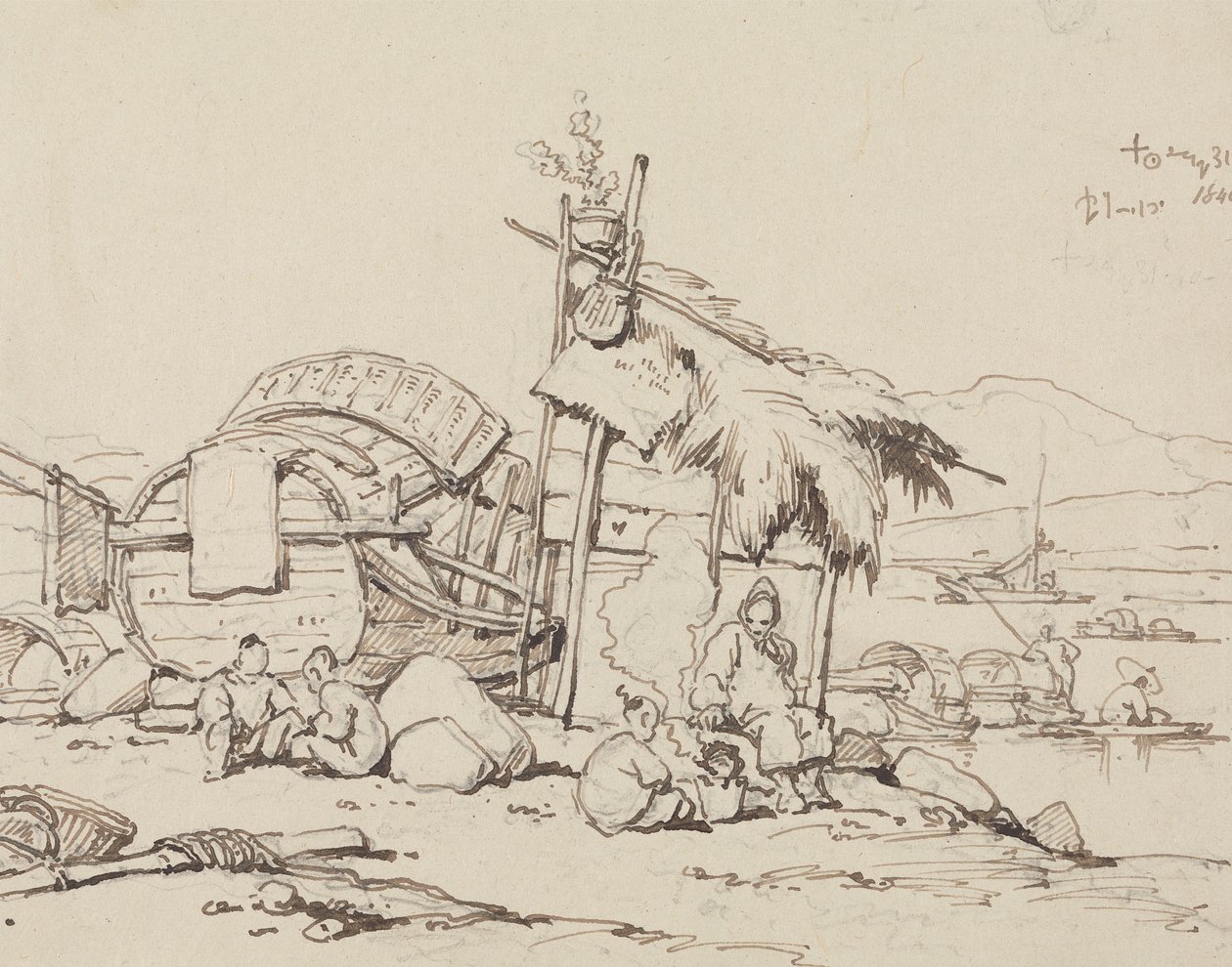 Vieil homme et enfants assis, cuisinant - George Chinnery