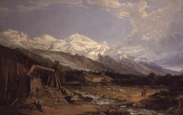 Paysage alpin avec des personnages près d