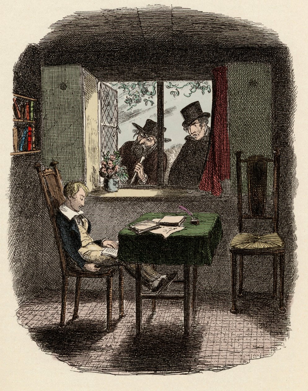 Monks et Fagin observant Oliver dormant dans la bibliothèque des Maylie - Illustration pour « Oliver Twist » de Charles Dickens, par George Cruikshank - George Cruikshank