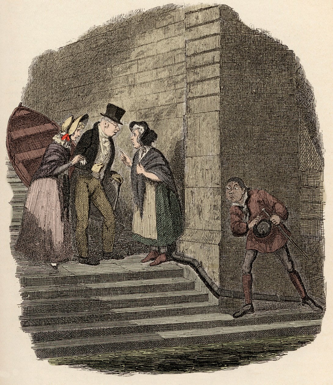 Noe Claypole espionnant le rendez-vous secret entre M. Brownlow, Rose Maylie et Nancy - Illustration pour « Oliver Twist » de Charles Dickens, par George Cruikshank - George Cruikshank