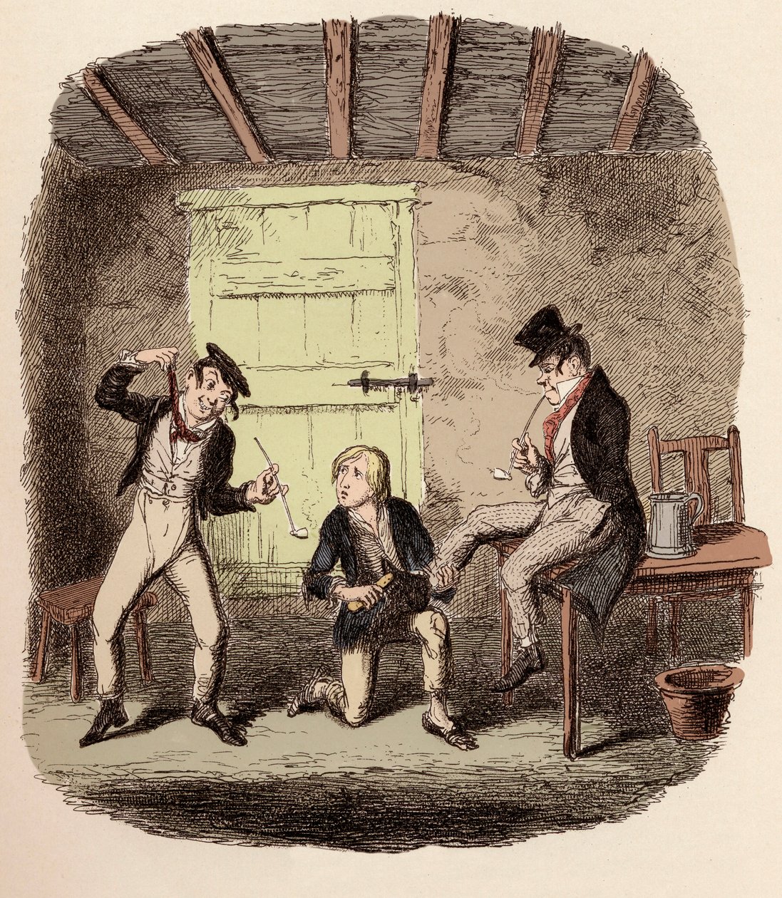 Oliver cire les chaussures du Renard pendant que Charley Bates explique les dangers de la pendaison - Illustration pour « Oliver Twist » de Charles Dickens, par George Cruikshank - George Cruikshank