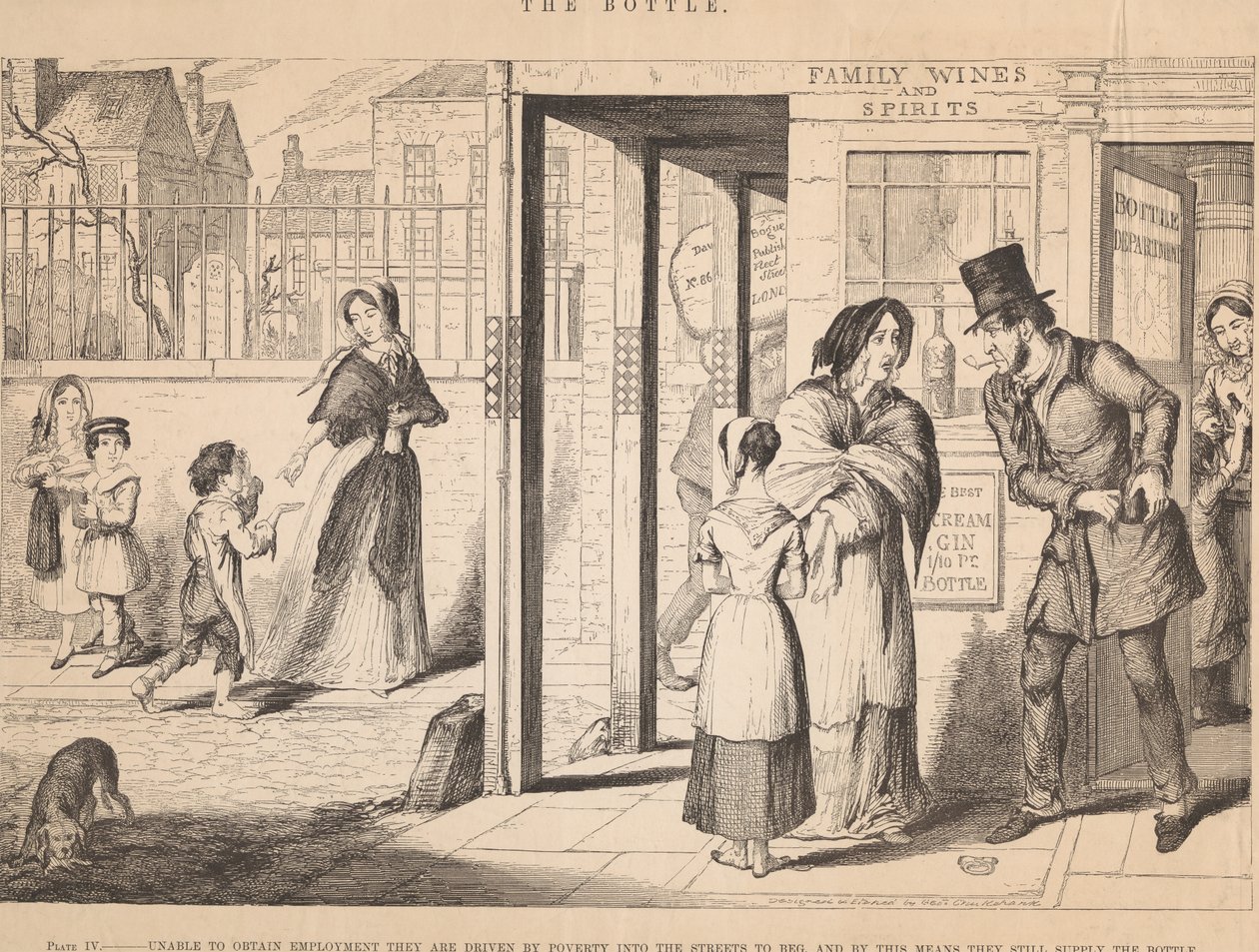 Planche IV : Incapables de trouver du travail, ils sont poussés par la pauvreté à mendier dans la rue - George Cruikshank