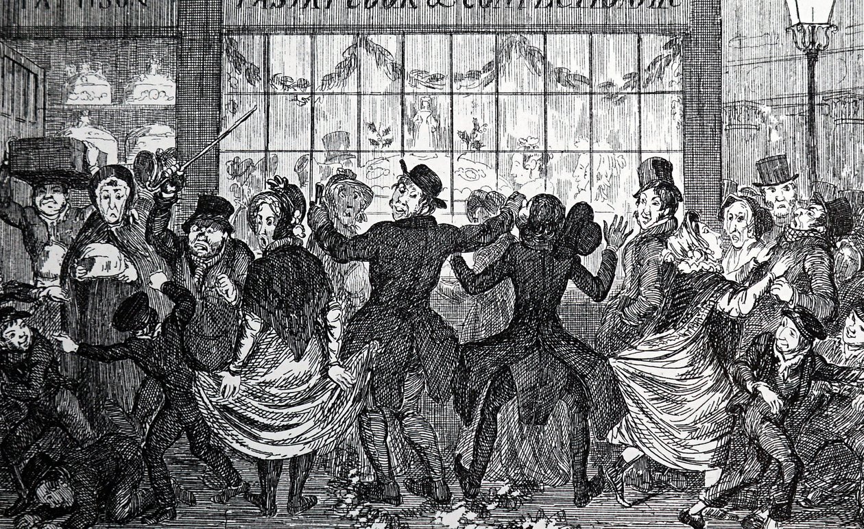 Gamins des rues causant des ravages dans la foule devant une confiserie et une pâtisserie lors de la Nuit des Rois - George Cruikshank