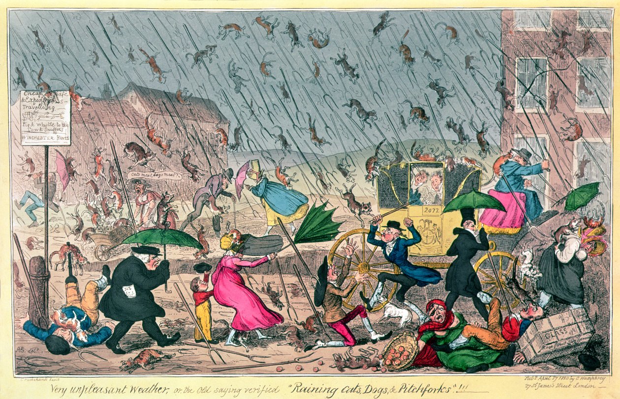 Temps très désagréable, ou le vieux dicton vérifié: Il pleut des chats, des chiens et des fourches!, pub. par G. Humphrey, 1820 - George Cruikshank