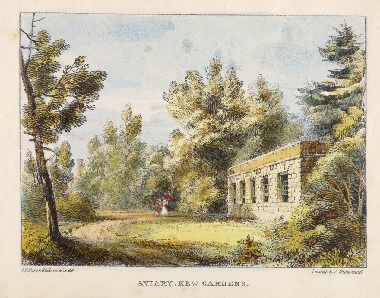 Volière, Jardins de Kew, planche 10 de Kew Gardens: A Series of Twenty-Four Drawings on Stone, gravé par Charles Hullmandel, publié en 1820 (lithographie coloriée à la main) - George Ernest after Papendiek
