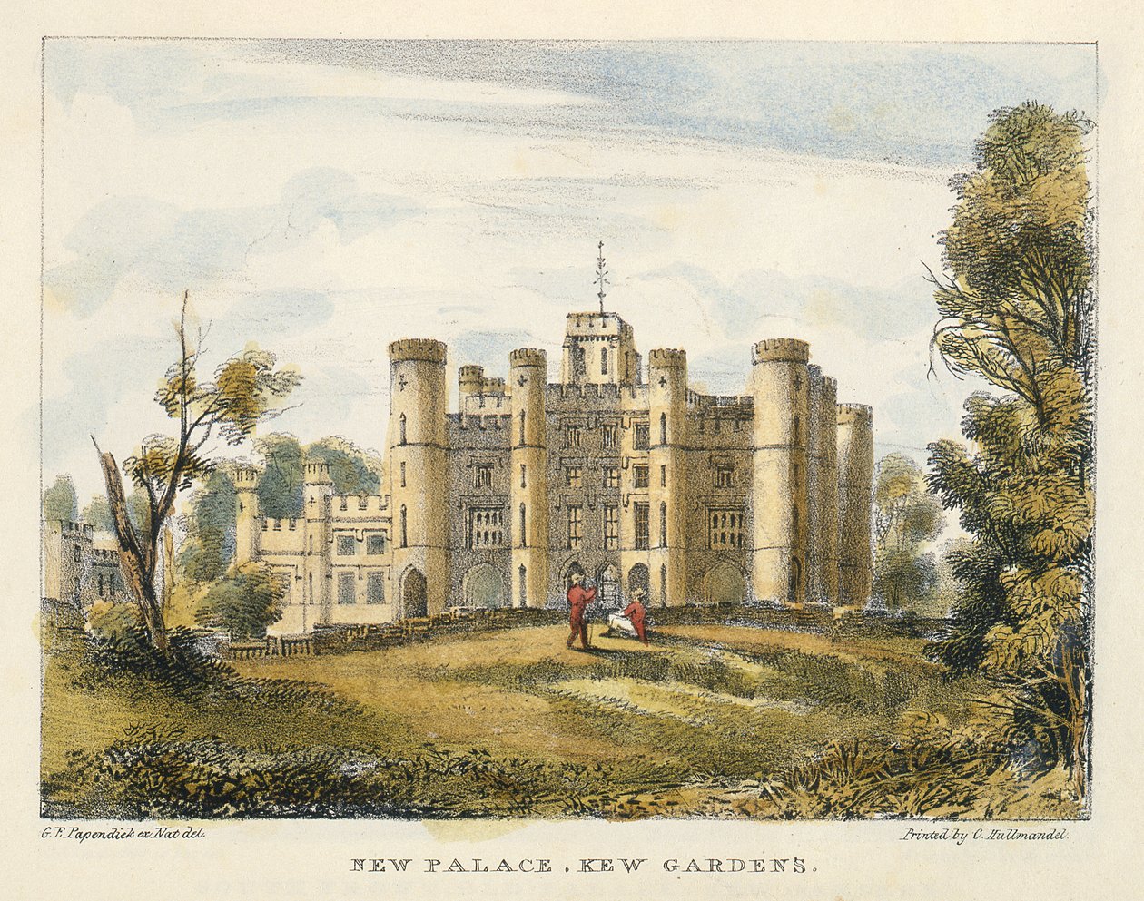 Nouveau Palais, Jardins de Kew, planche 1 de Jardins de Kew : Une série de vingt-quatre dessins sur pierre, gravés par Charles Hullmandel (1789-1850) publiés en 1820 - George Ernest after Papendiek