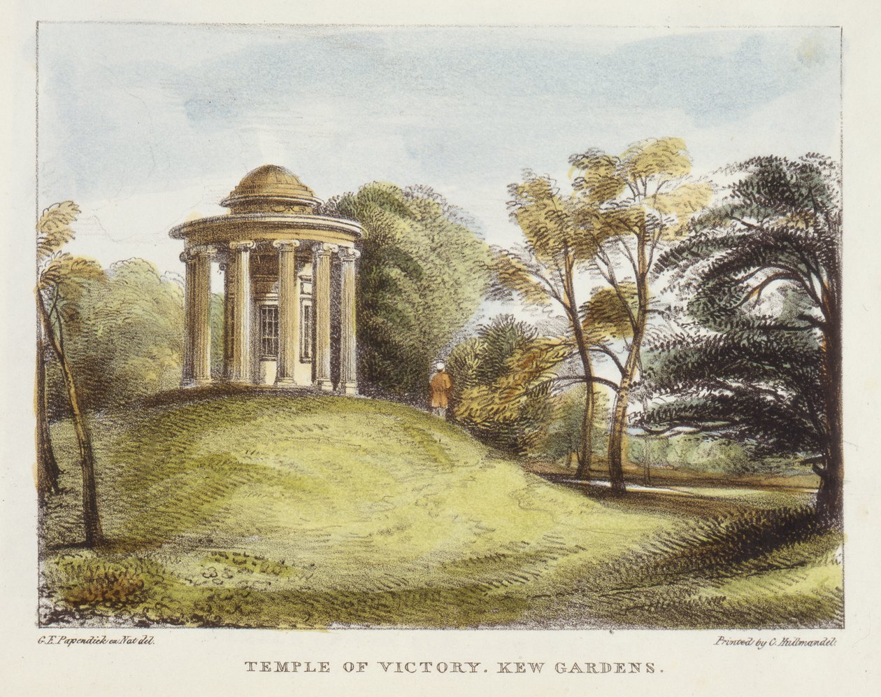 Temple du Soleil, Arboretum, Jardins de Kew, planche 20 de Kew Gardens: A Series of Twenty-Four Drawings on Stone, gravé par Charles Hullmandel, publié en 1820 (lithographie coloriée à la main) - George Ernest after Papendiek