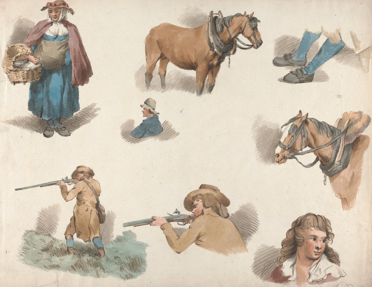 Ensemble de cinq : Huit études : Femme avec panier, cheval de charrette avec œillères, etc. - George Morland
