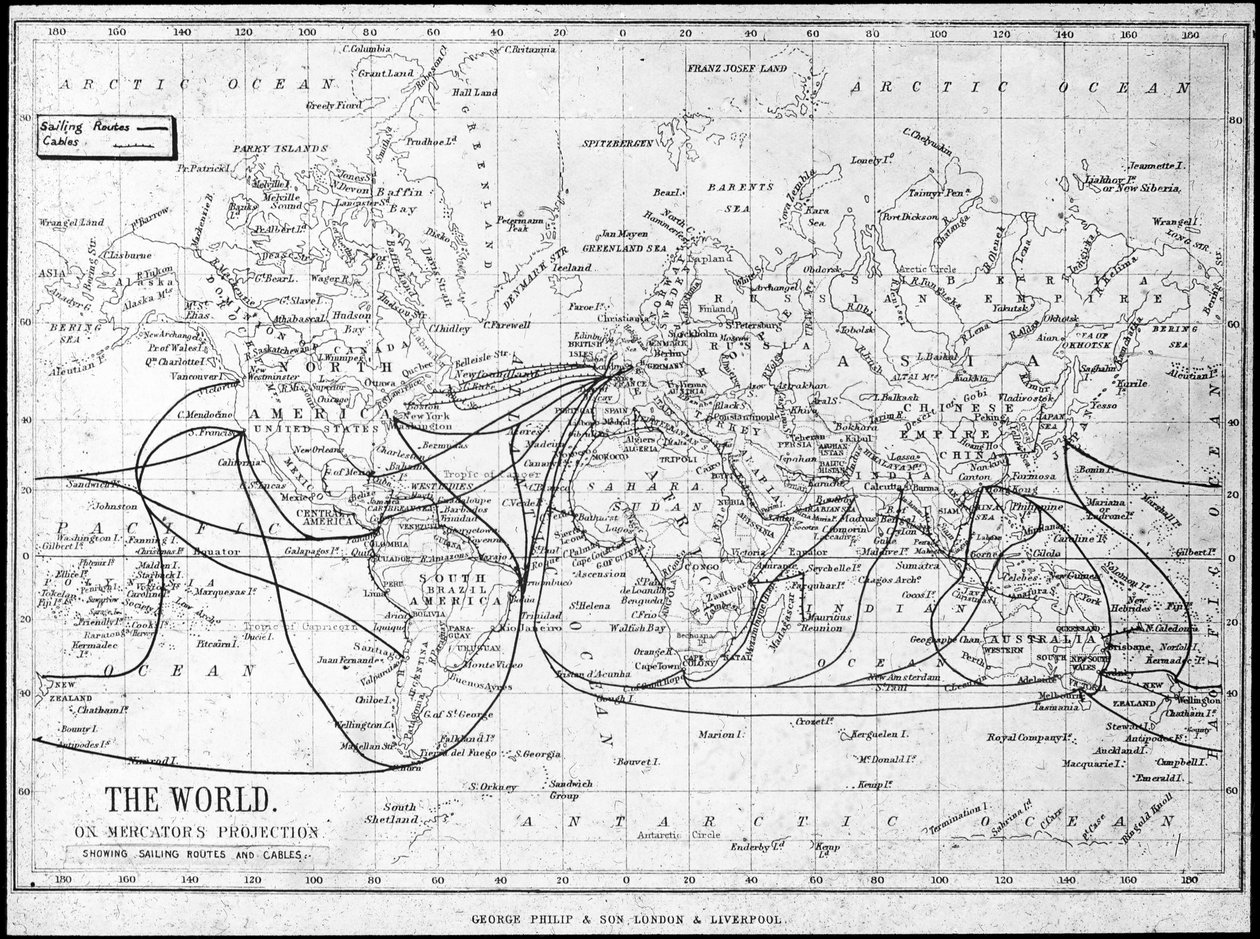 Carte du monde montrant les routes de navigation et les câbles télégraphiques, vers 1893 - George Philip and Son Ltd