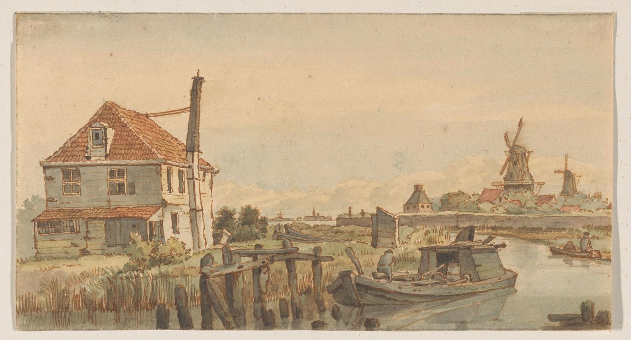 Canal avec un bateau, une maison et deux moulins - George Pieter Westenberg