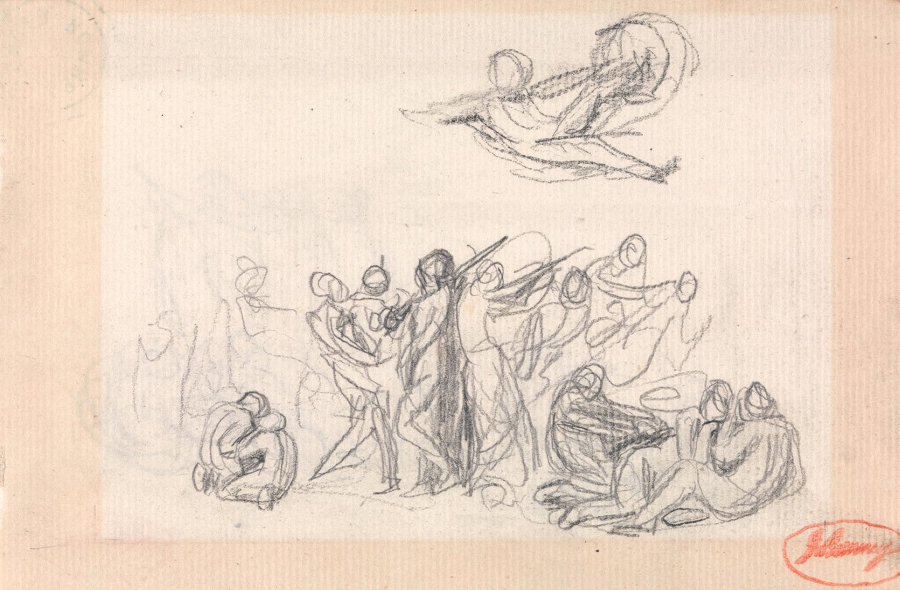 Groupe de personnages, avec un personnage volant au-dessus - George Romney