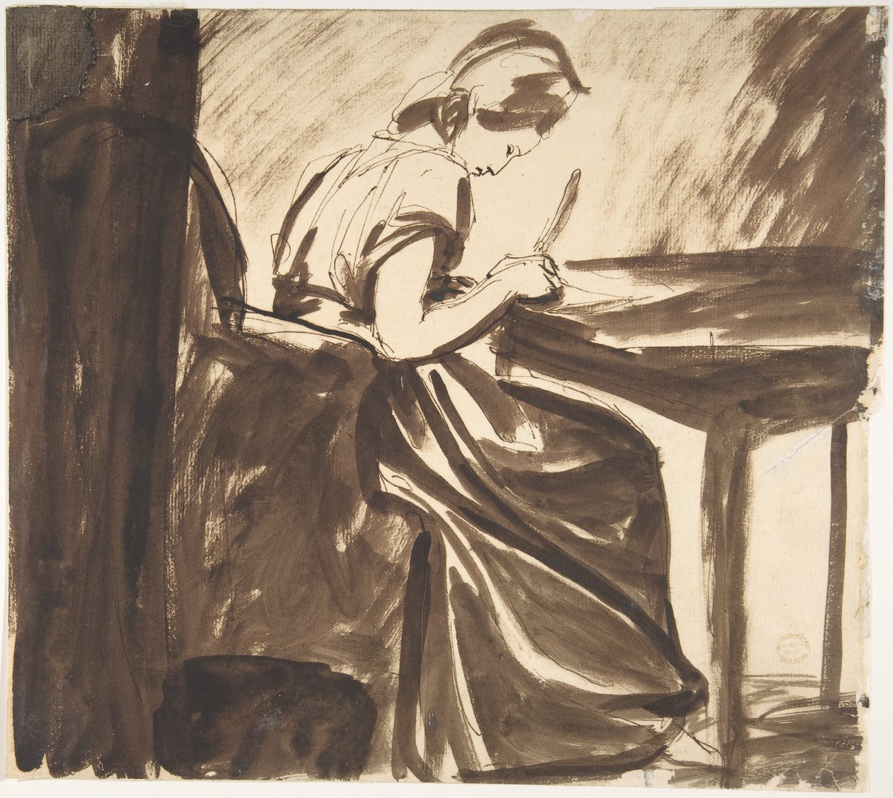 Une dame assise à une table (recto) ; Personnages dansant (verso) - George Romney
