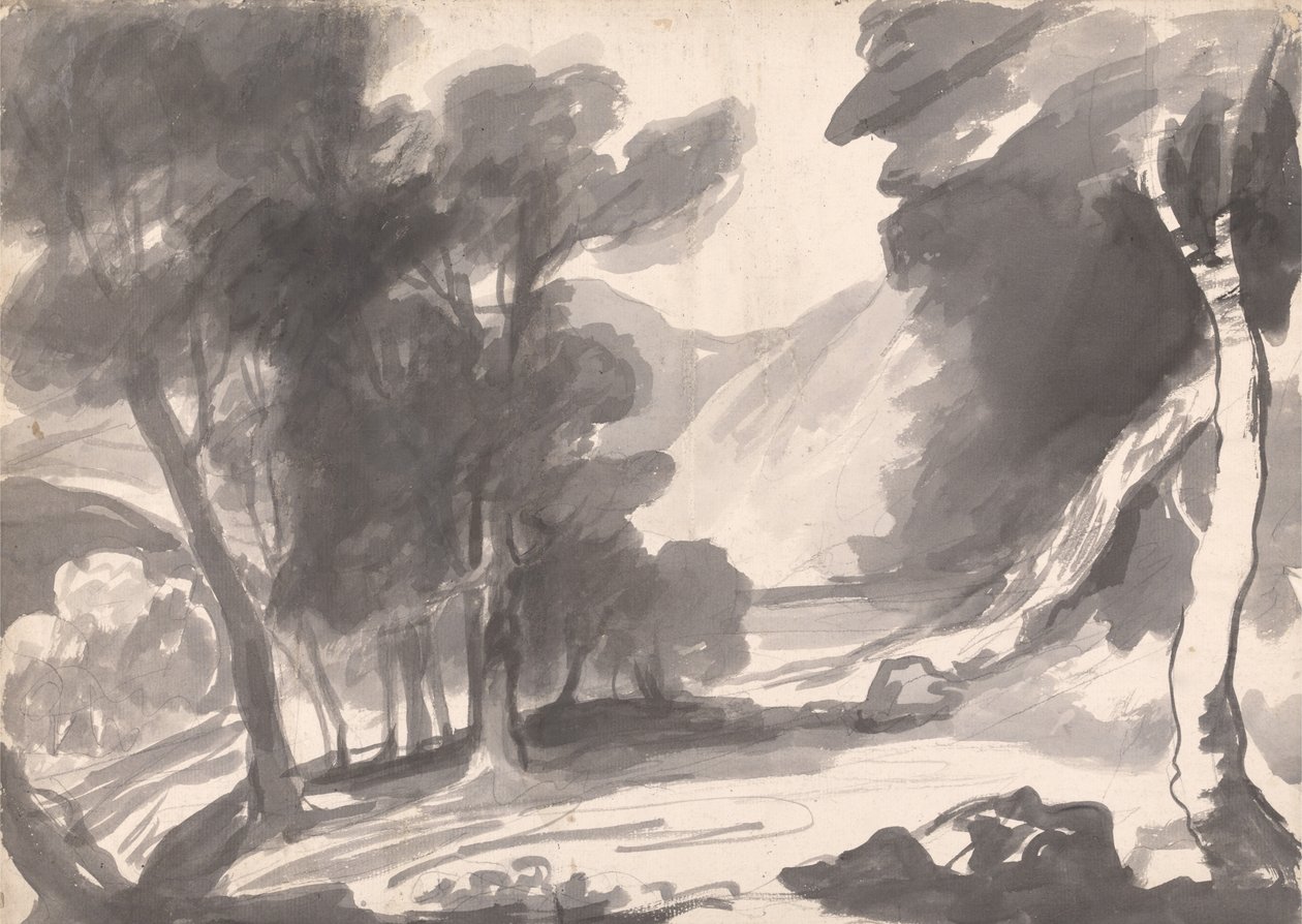 Étude de paysage : bosquet, lac et montagnes - George Romney