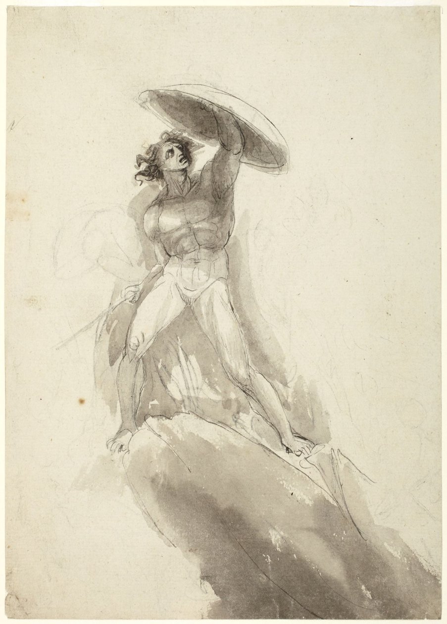 Nu masculin marchant, portant un bouclier : étude pour « La chute des anges rebelles » - George Romney