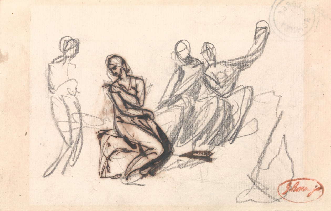 Trois personnages assis et un personnage debout - George Romney
