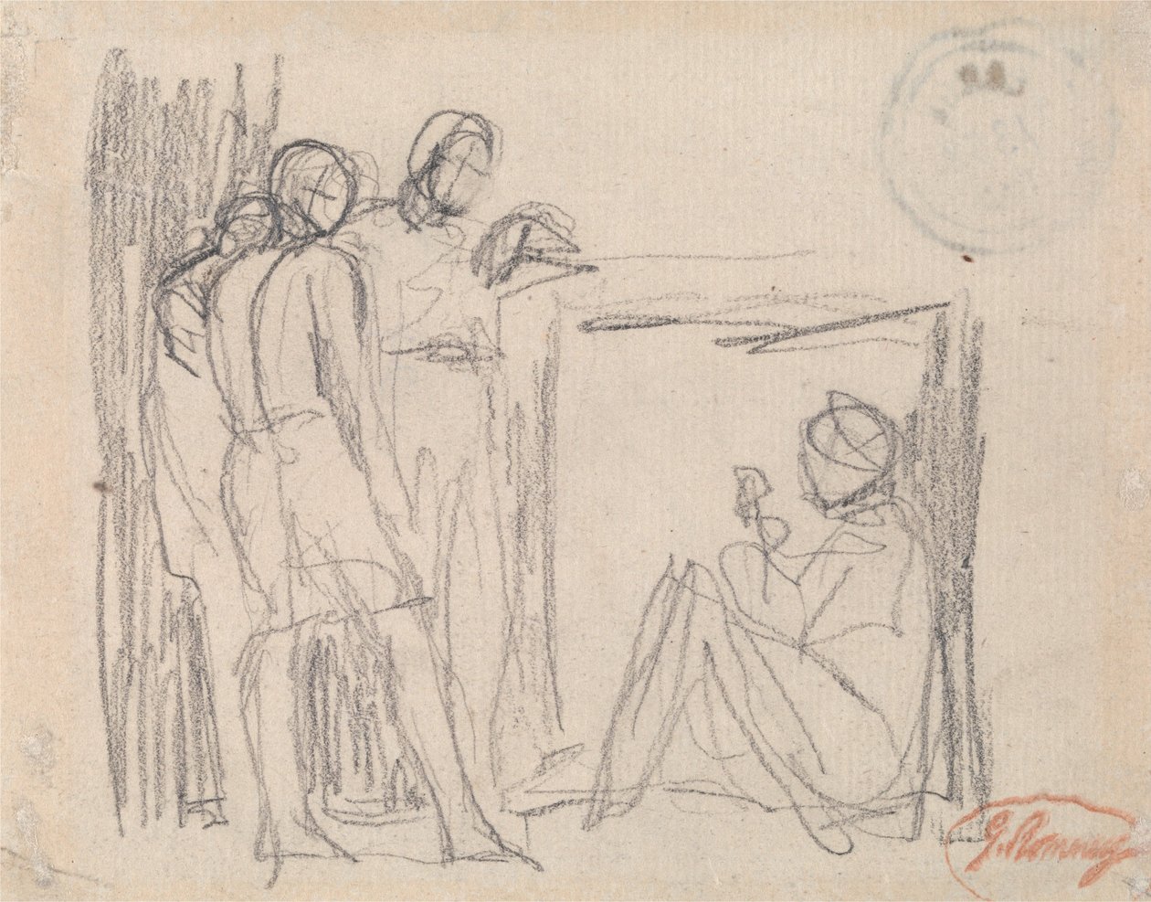 Trois personnages debout devant un personnage assis - George Romney