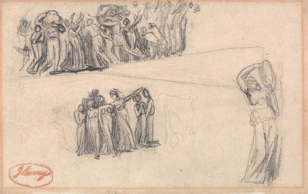 Deux croquis représentant des femmes et des enfants en fuite, ainsi qu’une figure féminine debout jouant du tambourin, destinés à Lady Anne Leveson pour l’œuvre « Dancing Gower Children » - George Romney