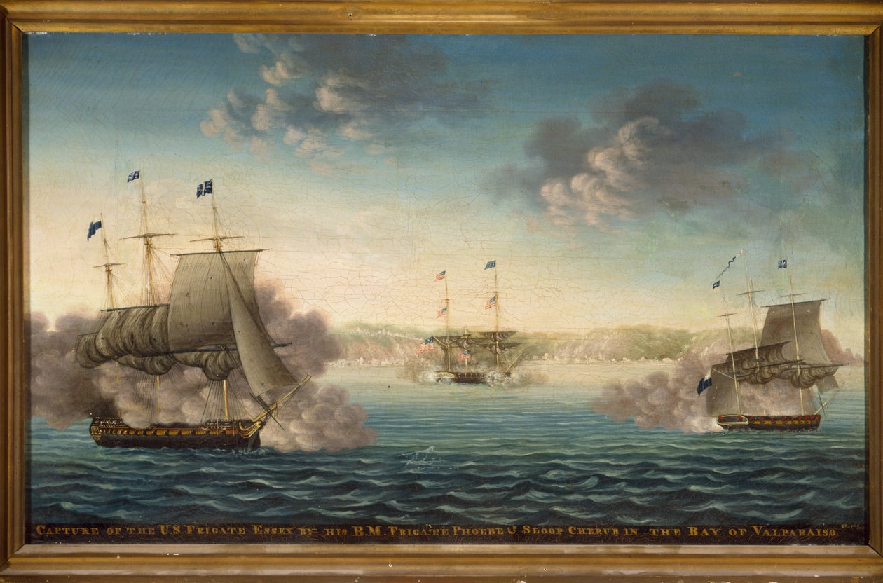 Capture de la frégate américaine "Essex" par la frégate britannique "Phoebe" et le sloop "Cherub" dans la baie de Valparaiso, Chili (huile sur toile) - George Ropes