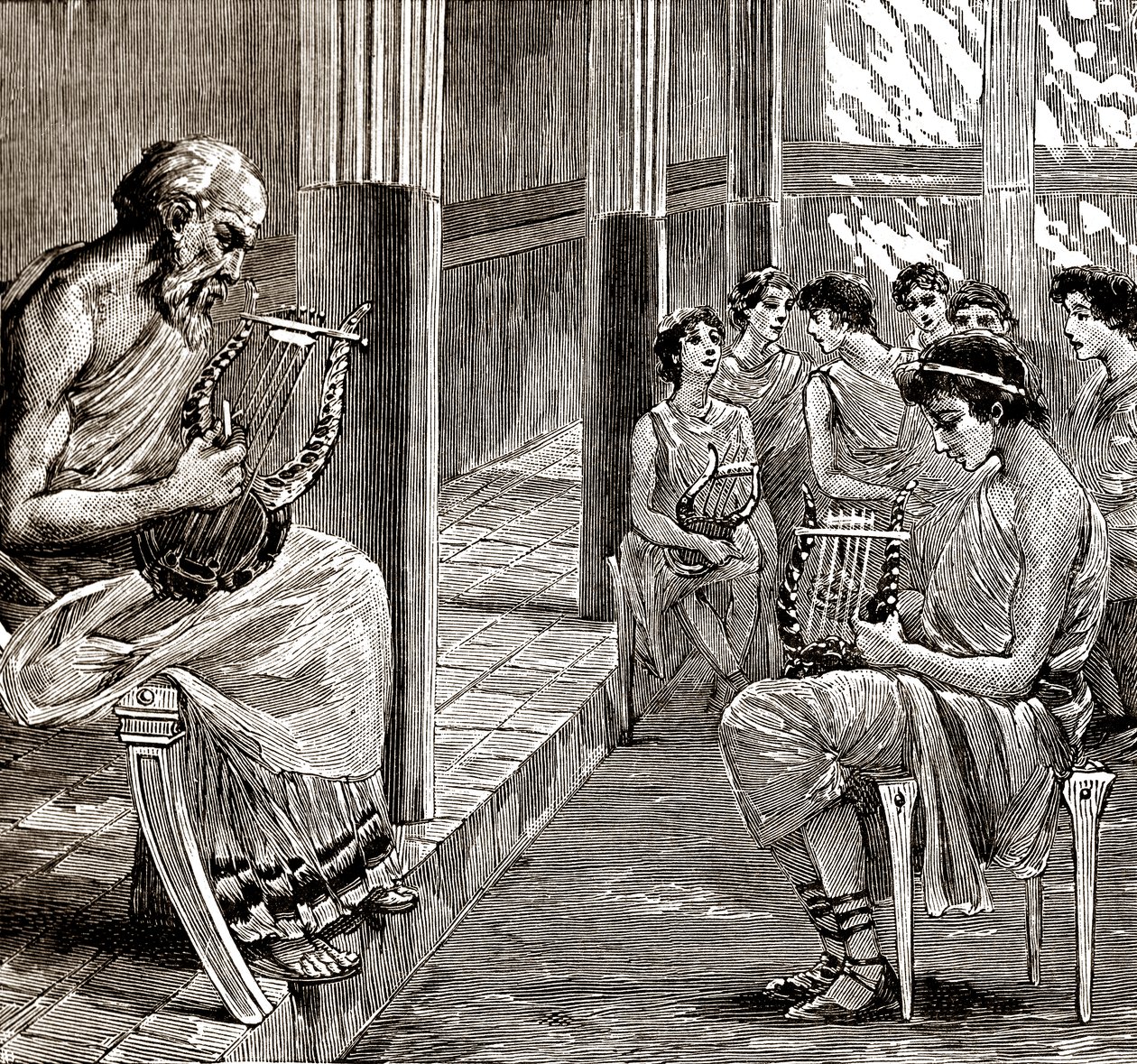 Une école dans la Grèce antique : le maître apprend aux élèves à jouer de la lyre - George Roux