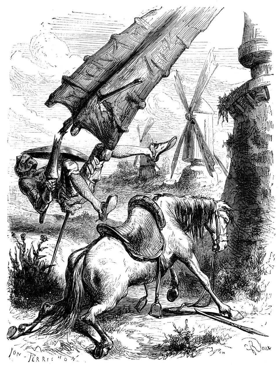 Bataille contre les moulins : Don Quichotte et Rossinante sont projetés au sol par l