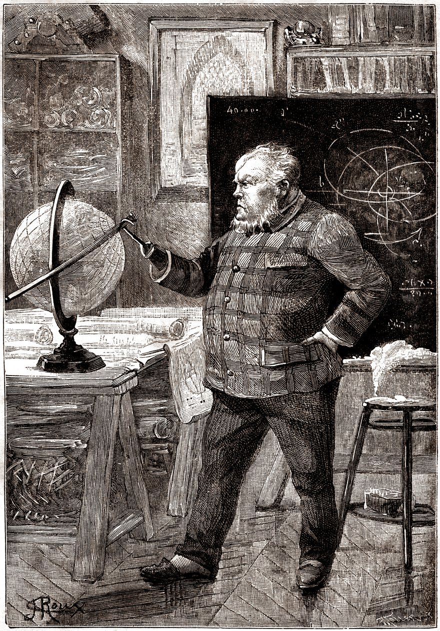J. T. Maston, mathématicien et aventurier, secrétaire du Gun-Club, personnage principal du roman de Jules Verne "Sans dessus dessous", collection Hetzel / voyages extraordinaires 1889. Dessin de George Roux. - George Roux