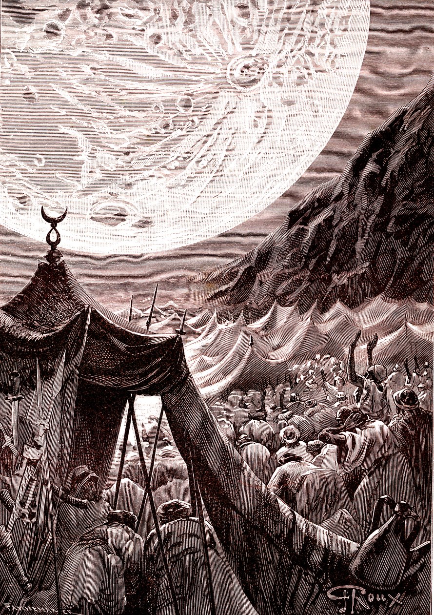 La lune dans le désert de Nubie, Soudan. Musulmans priant. 1888 (gravure) - George Roux
