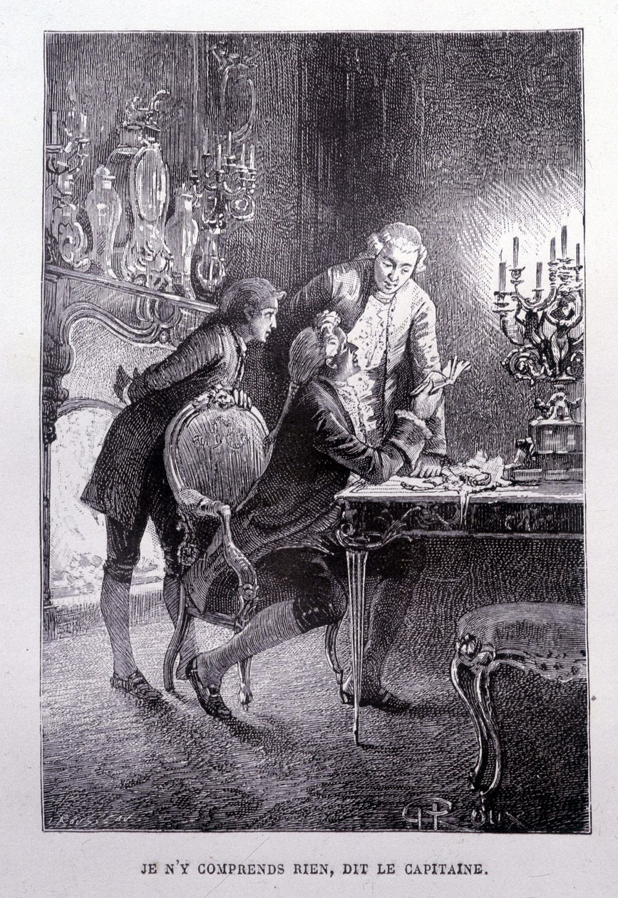 Jeune Jim Hawkins, Chevalier Trelawnay et Docteur Livesey se réconcilient dans un salon - dans "L