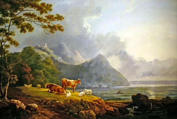 Un paysage étendu avec des moutons et des vaches - George Senior Barrett
