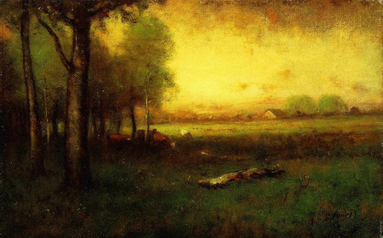 Vaches broutant au coucher du soleil - George Snr. Inness