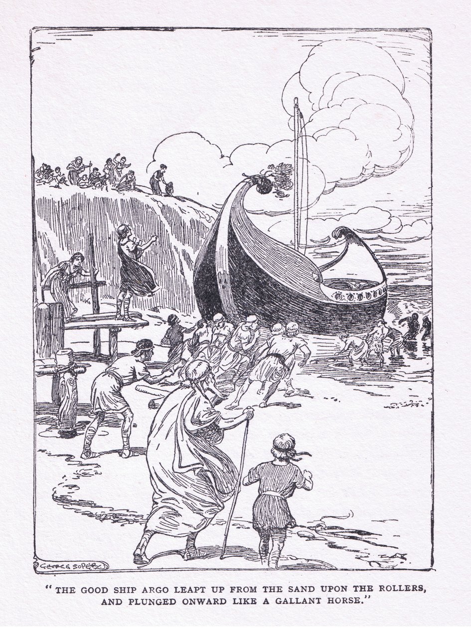 Le bon navire Argo a bondi du sable sur des rouleaux et a plongé en avant comme un cheval vaillant, de The Heroes publié par George Allen and Unwin 1929 - George Soper