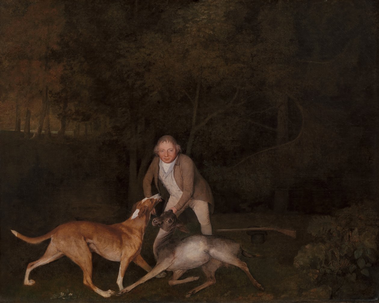 Freeman, le garde-chasse du comte de Clarendon, avec une biche mourante et un chien - George Stubbs