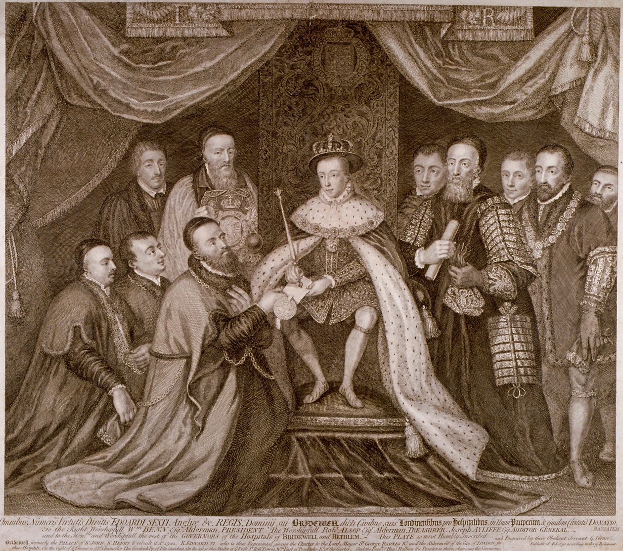 Édouard VI signant une charte donnant Bridewell à la ville de Londres pour une maison de travail, 1552 1750 - George Vertue