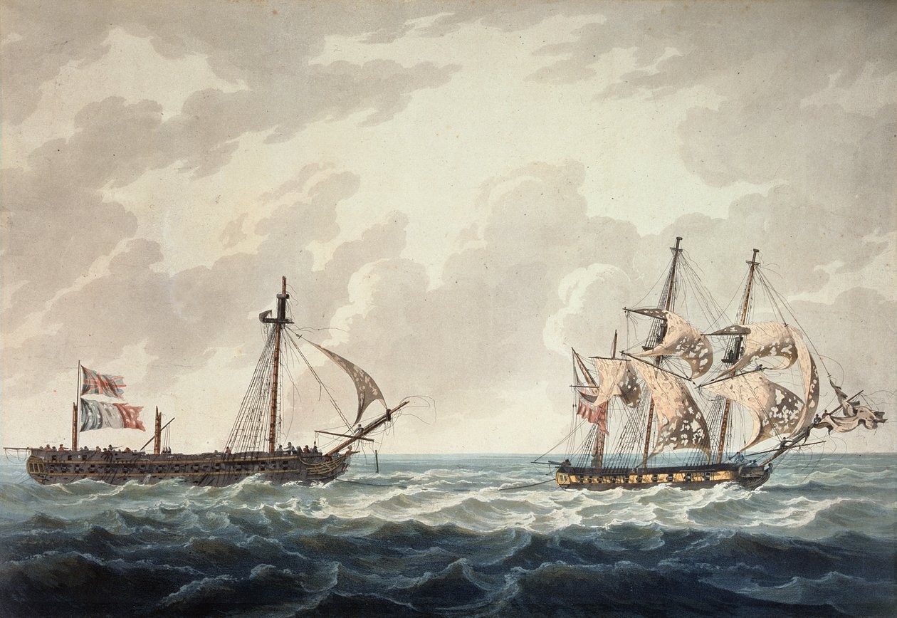 Le Sloop de Sa Majesté, Bonne Citoyenne, remorquant la frégate française, La Furieuse, après l